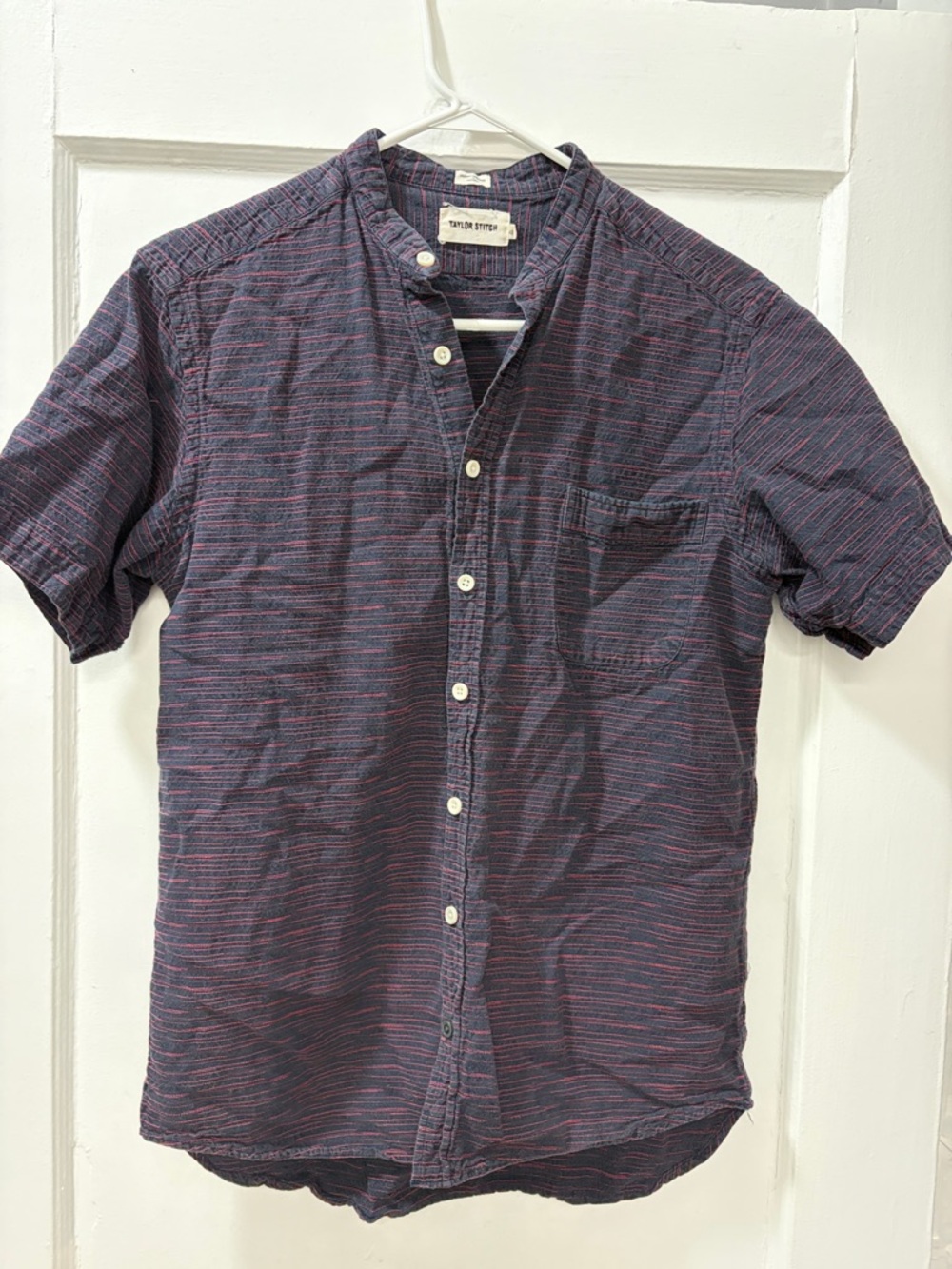 Taylor Stitch Navy and Red Short-Sleeve Band-Collar Shirt